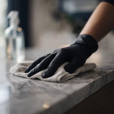 Hand in black glove wiping marble countertop with cloth.
