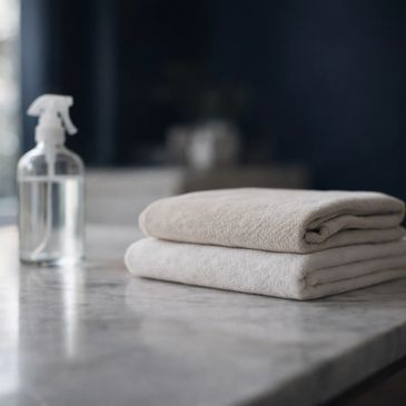 Two folded towels and a spray bottle on a marble countertop.