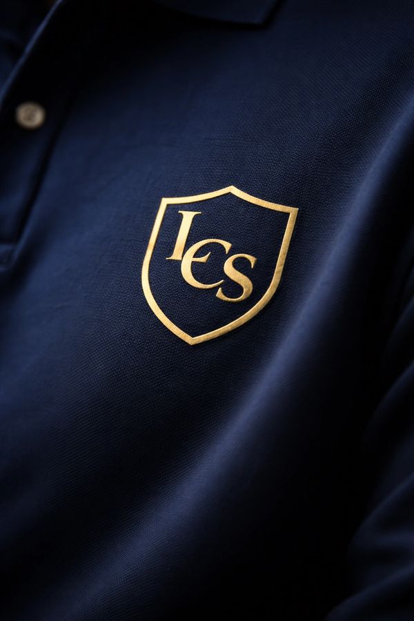 Close-up of a navy blue polo shirt with a gold shield logo.