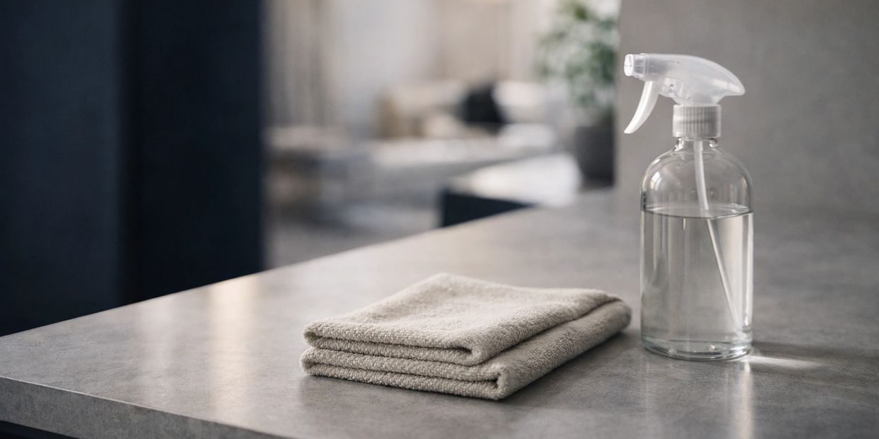 A folded beige towel and a clear spray bottle on a gray countertop.