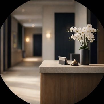 Reception desk with white orchids and a service bell in a modern lobby.