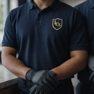 Two people in navy blue polo shirts with IES logos and black gloves.