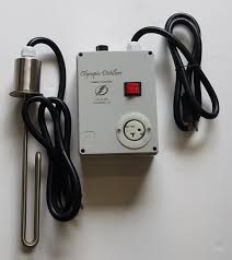 Digital temperature controller with sensor probe and heating element.