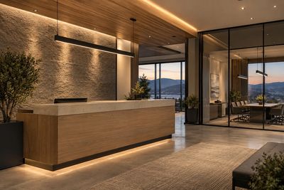 Commercial lighting design inspiration: a refined reception and glass meeting room with layered ligh