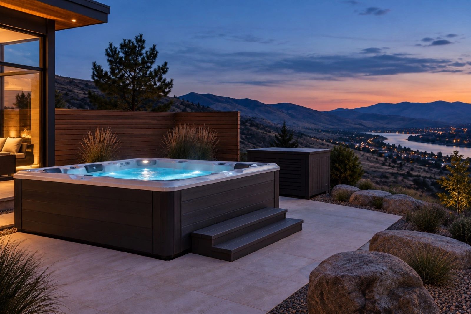 Design inspiration: a quiet hot tub terrace overlooking the valley at dusk.