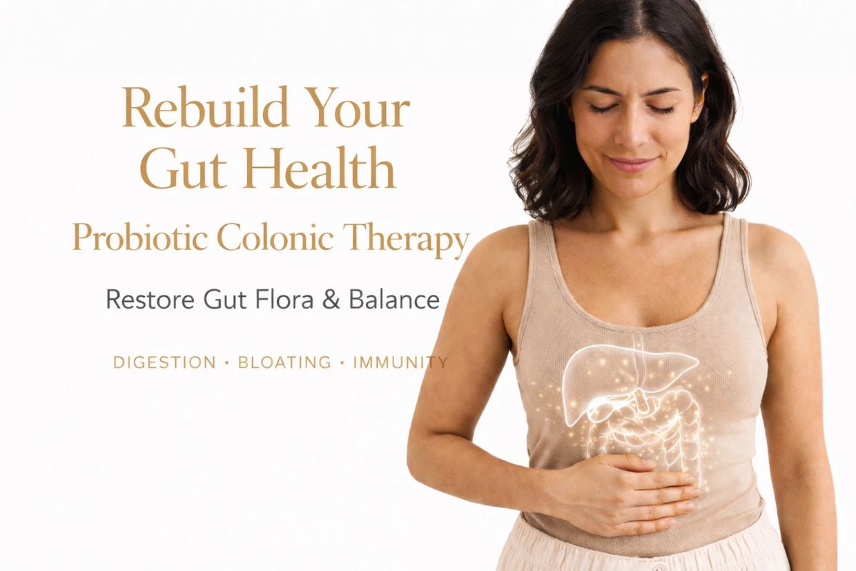 Woman promoting probiotic colonic therapy for gut health restoration.