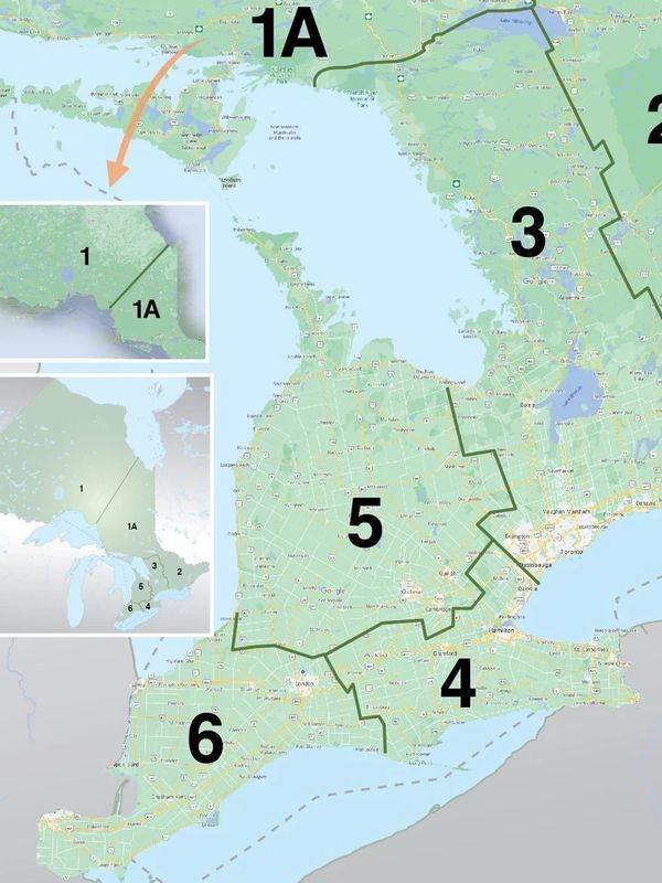 Map of regions numbered 1A, 3, 4, 5, 6 in a geographic area.