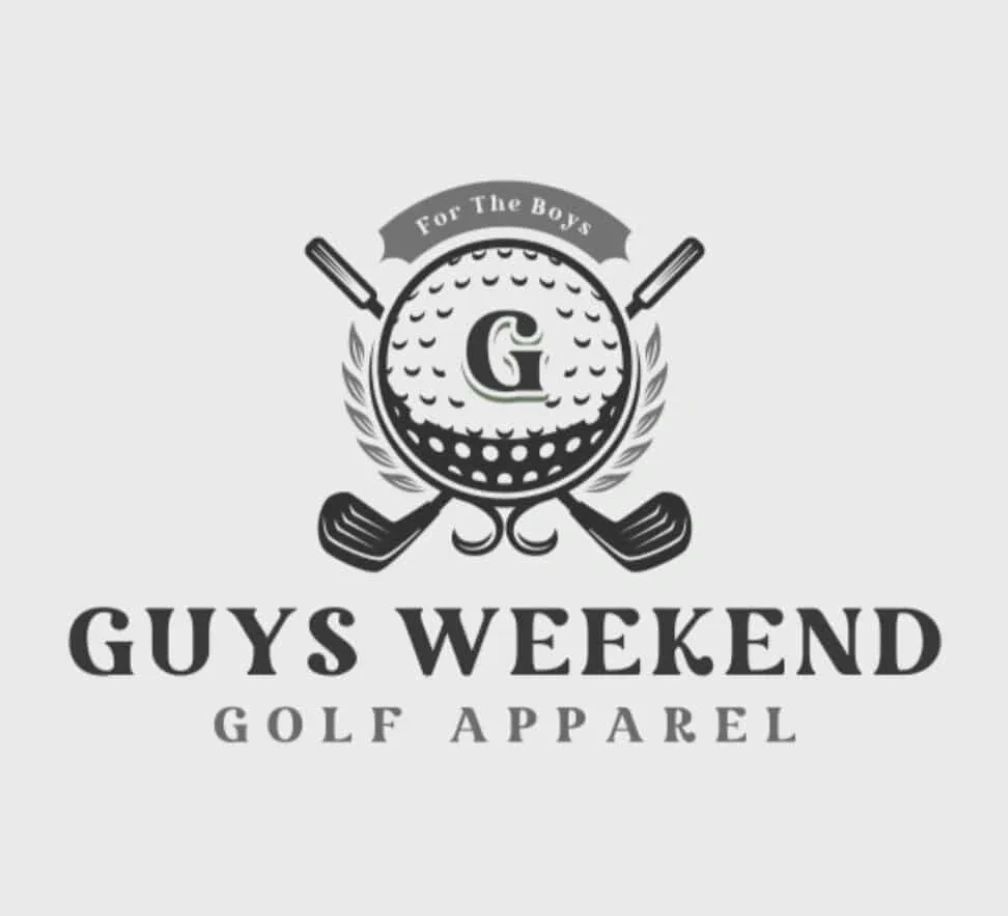 Logo for Guys Weekend Golf Apparel featuring golf clubs and a golf ball.