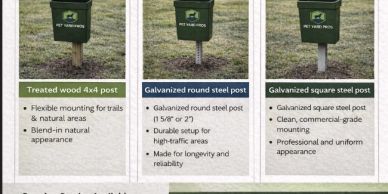 Comparison of three post types for mounting pet waste bins.