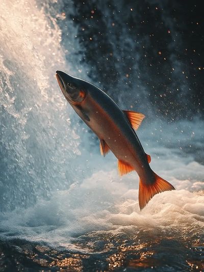 A dark red and brown fish jumping up a waterfall