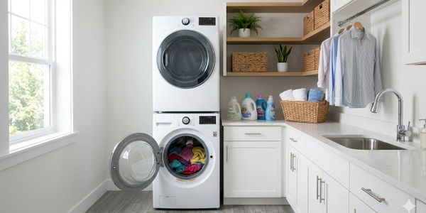 Bright laundry room with stacked washer and dryer, shelves, and hanging clothes.