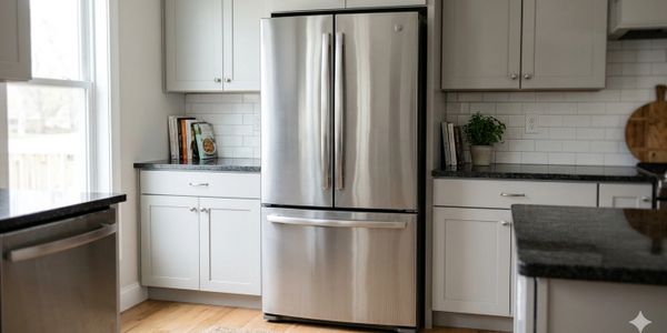 Modern kitchen with stainless steel refrigerator and white cabinetry.
