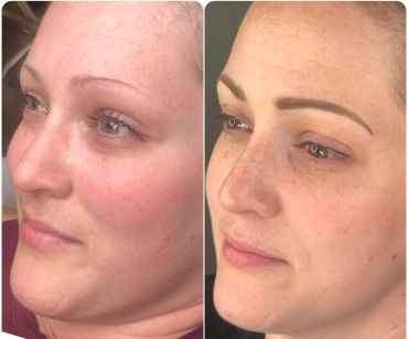 Before and after eyebrow microblading on a woman's face.