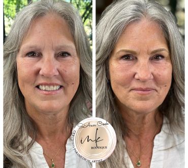 Before and after photos of a woman showing natural makeup and skin enhancement.