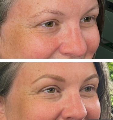 Before and after eyebrow microblading transformation on a woman's face.