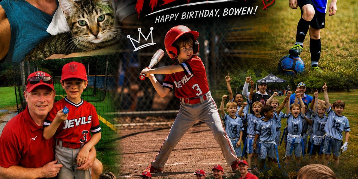 Collage celebrating Bowen's birthday with sports and family moments.