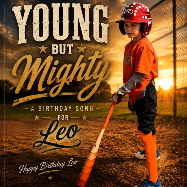 Young boy in baseball gear with birthday message for Leo.