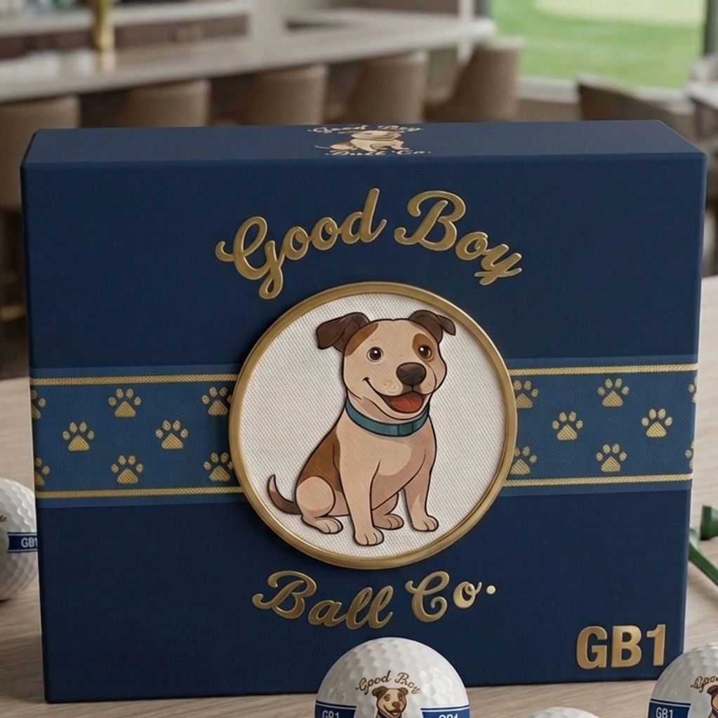 Box of Good Boy golf balls with a dog illustration.