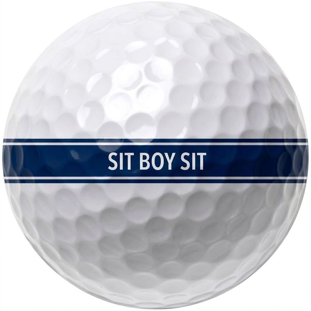 Golf ball with 'SIT BOY SIT' text.