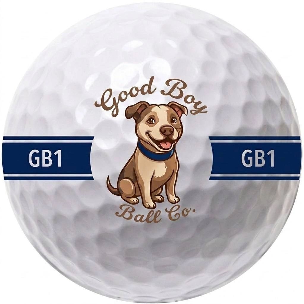 Golf ball with a cute dog logo and 'Good Boy Ball Co.' text.