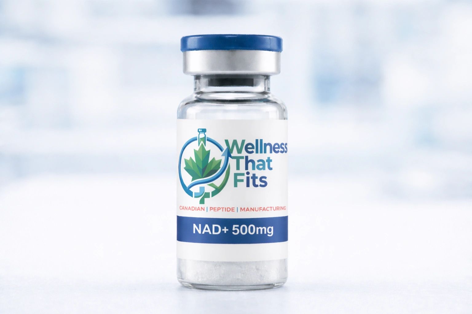 A vial labeled Wellness That Fits NAD+ 500mg with a blue cap.
