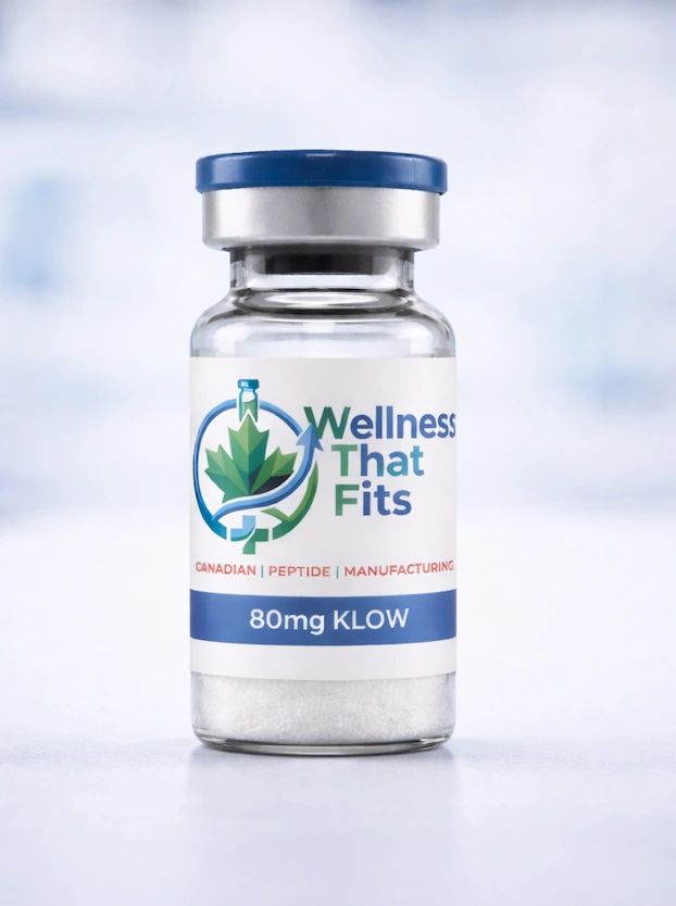 Vial labeled 'Wellness That Fits' with 80mg KLOW peptide.