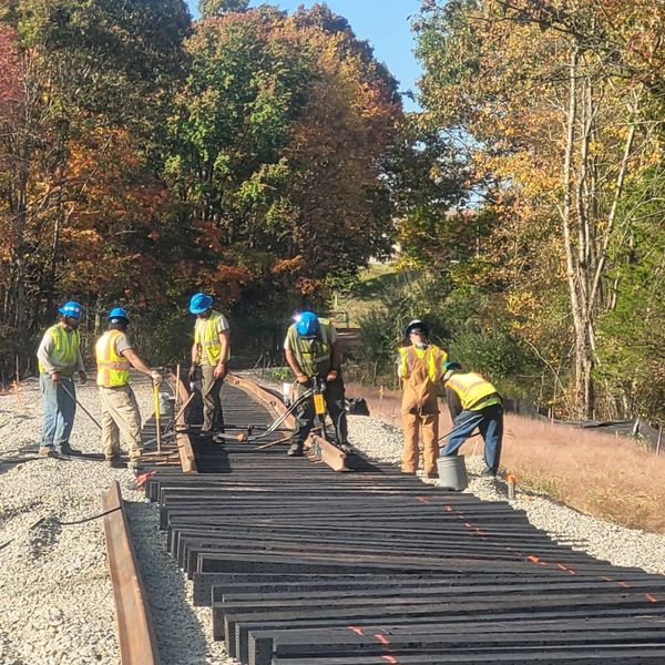 Workers in safety gear installing railroad tracks surrounded by autumn trees.