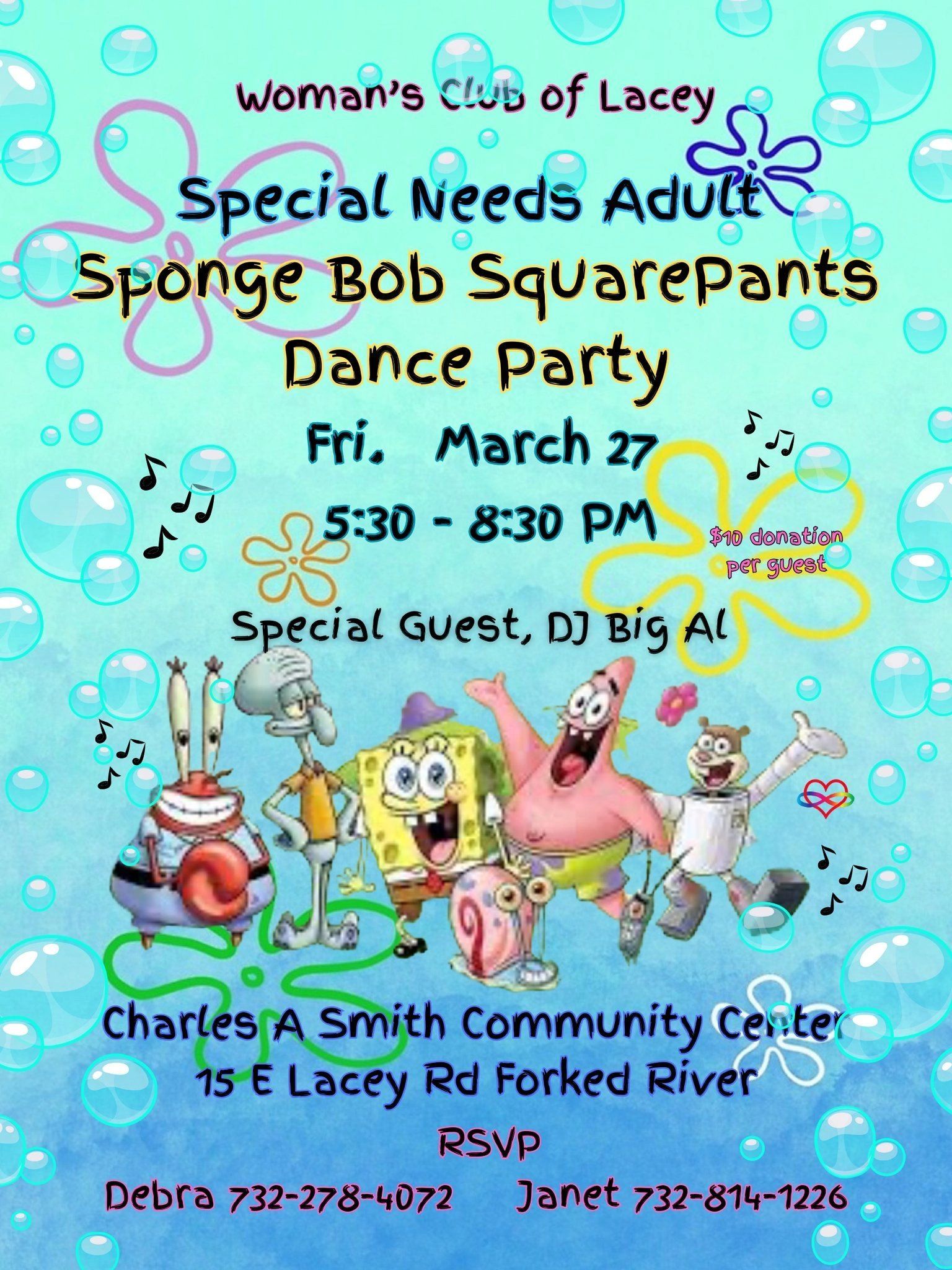 SpongeBob SquarePants dance party for special needs adults on March 27, 5:30-8:30 PM.