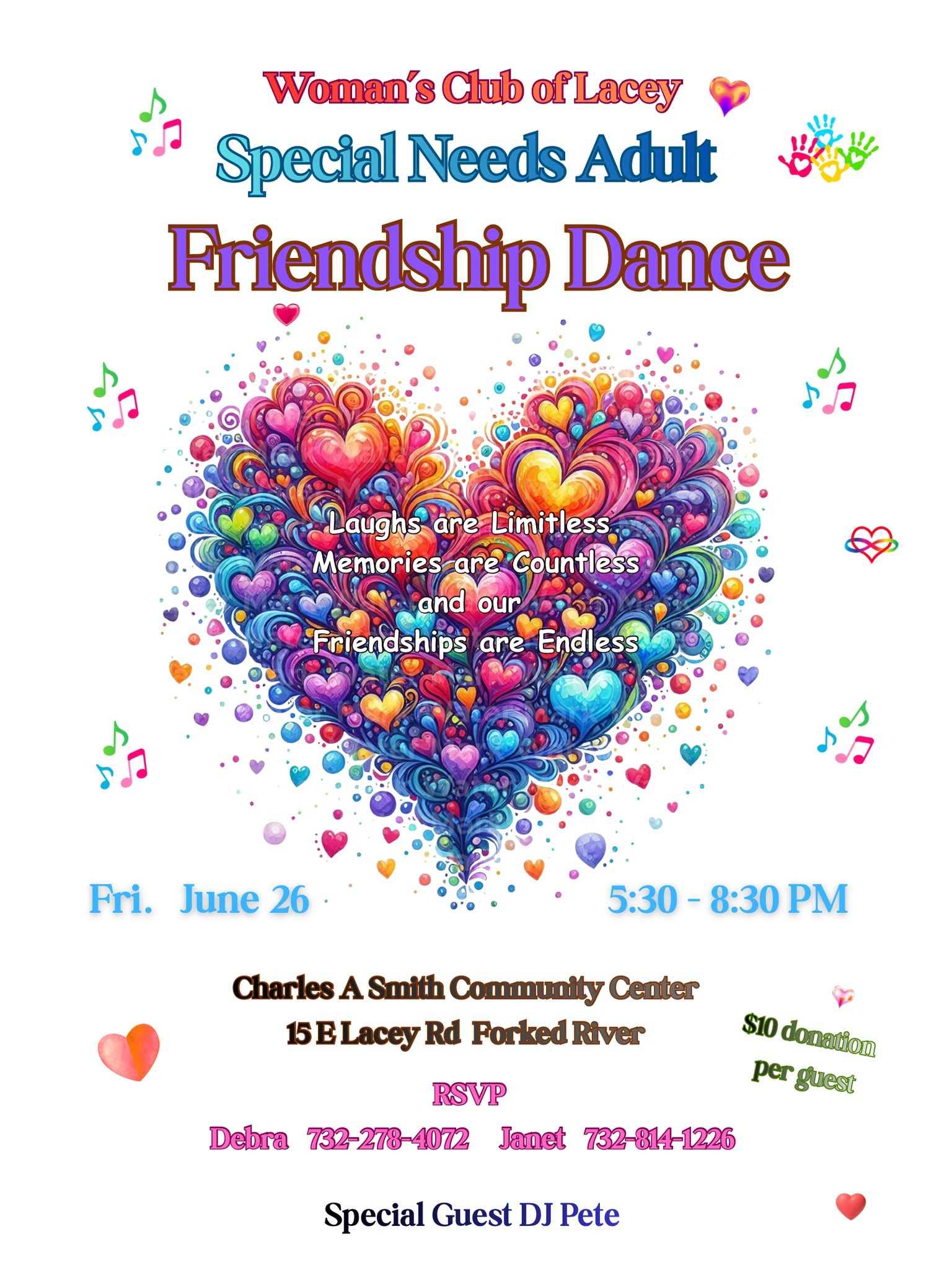 Colorful flyer for Special Needs Adult Friendship Dance on June 26 at Charles A Smith Community Center.
