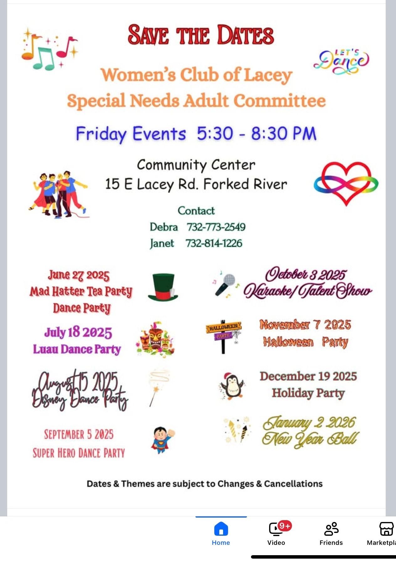 Flyer for Women's Club of Lacey Special Needs Adult Committee Friday dance events from June 2025 to January 2026.