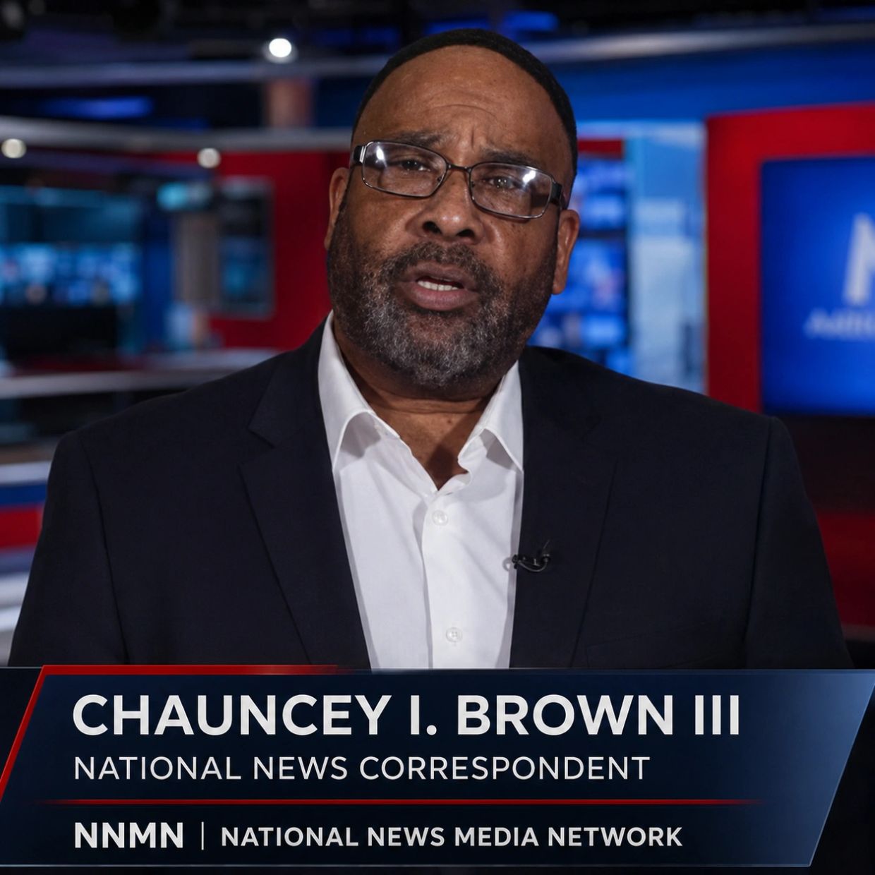 Chauncey I. Brown III, Founder and National News Correspondent of National News Media Network, speaking from a modern newsroom studio. Professional portrait highlighting independent journalism, fact-based reporting, national political analysis, public policy coverage, and transparent news reporting by the digital news organization NNMN.