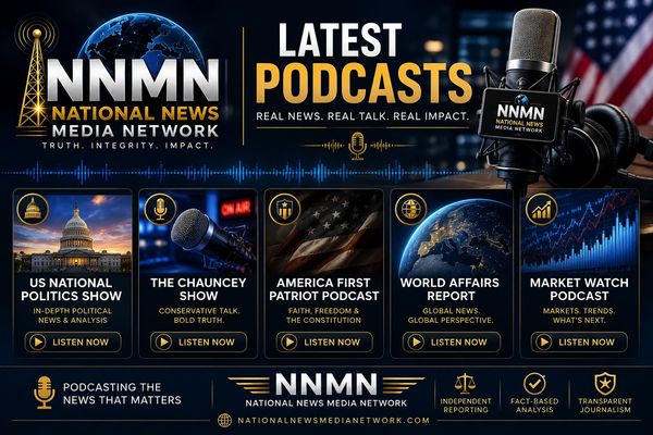 National News Media Network (NNMN) podcast promotional graphic featuring news analysis shows, political commentary podcasts, and public affairs podcasts. The image showcases The Chauncey Show, U.S. National Politics Show, America First Patriot Podcast, World Affairs Report, and Market Watch Podcast, highlighting independent journalism, fact-based analysis, breaking news discussions, and original podcast programming from National News Media Network.