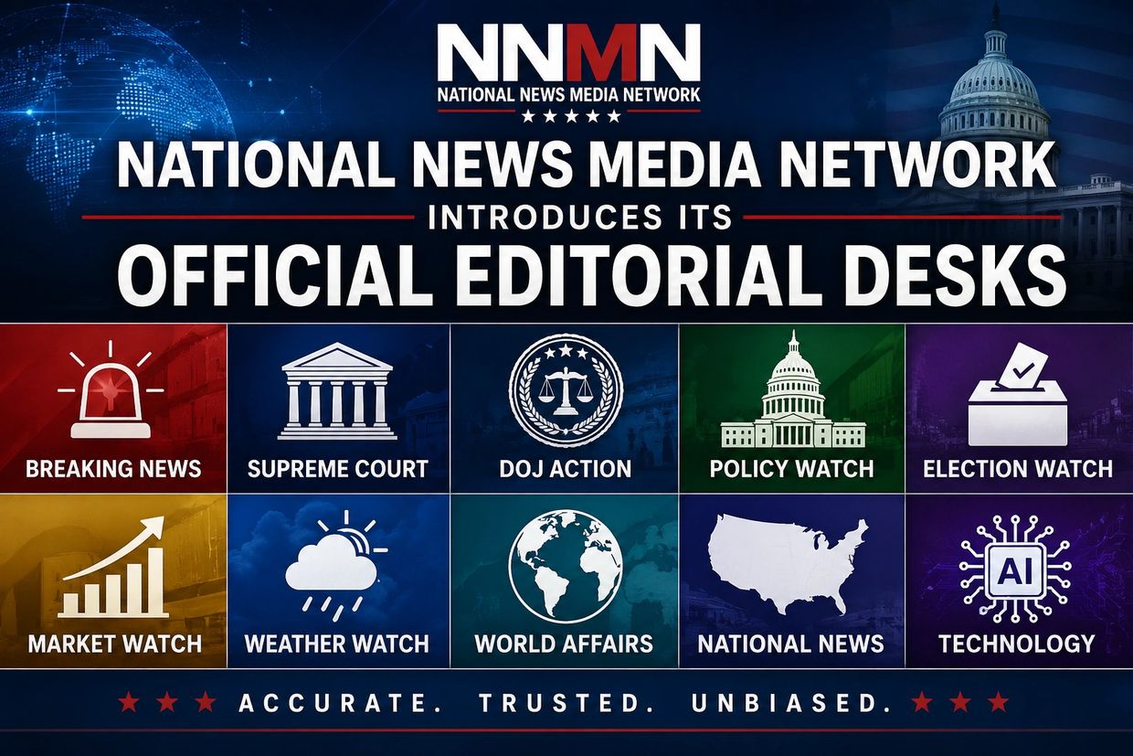 National News Media Network graphic introducing its official editorial desks, including Breaking New