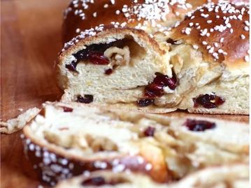 Golden challah infused with candied orange, studded with tart cranberries topped with Kosher salt