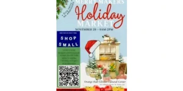 Holiday market flyer promoting Merry Makers event on November 29 with shopping and gifts.