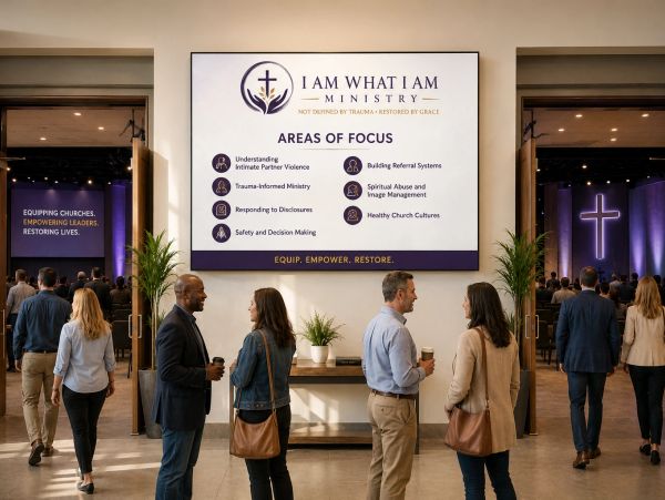 People gather in a ministry focused on trauma recovery and church support.