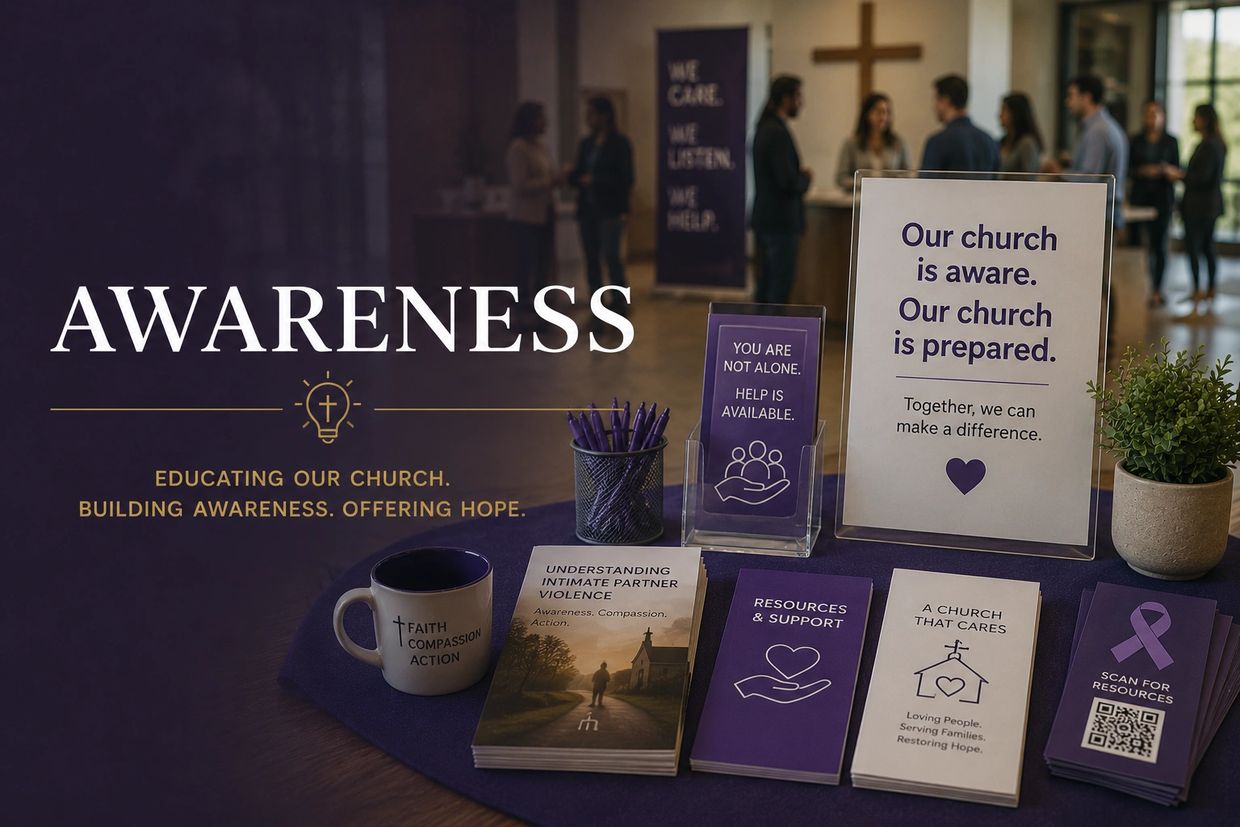 Church awareness table promoting education and support for intimate partner violence.