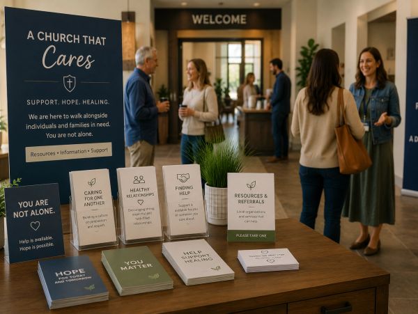 Informational pamphlets and people conversing at a welcoming church event.