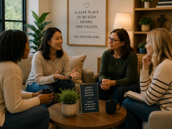 Four women engage in a supportive group conversation in a cozy room.