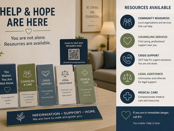Informative display about available help and hope resources including counseling, crisis support, legal aid, and medical care.