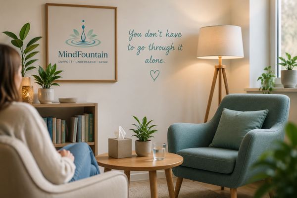 Cozy therapy room with inspirational wall text and comfortable seating.