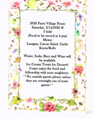 Invitation for 2026 Parry Village Picnic with food, drinks, and dessert on March 14.