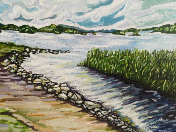 A walk along the bank. Oil on Canvas. 11 x 14.