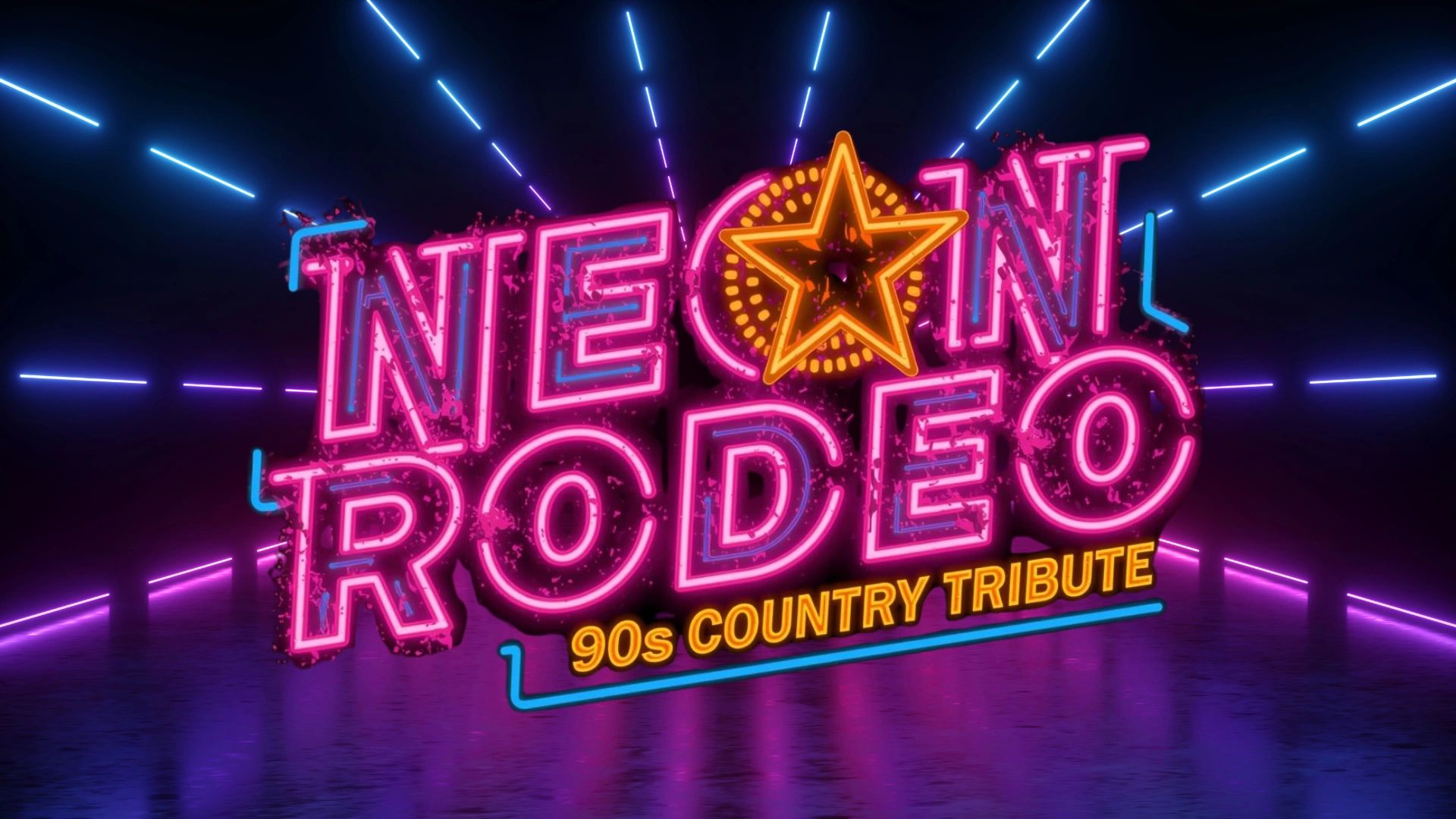 Neon Rodeo 90s Country Tribute vibrant neon sign with star and glowing lines.