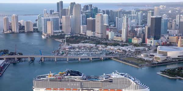 A cruise ship near a city skyline by the water.