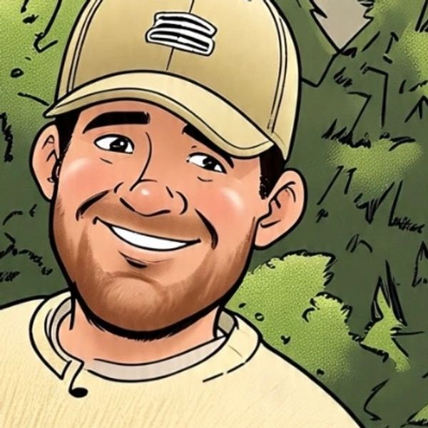Illustration of a smiling man wearing a cap and sweater outdoors.
