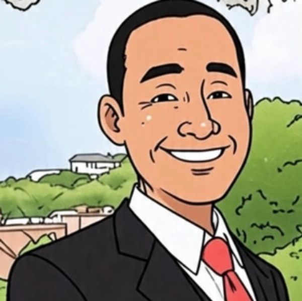 Cartoon man in a black suit with a red tie smiling outdoors.