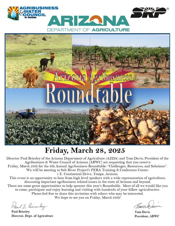 Invitation to Arizona Agribusiness Roundtable on March 28, 2025, focused on agriculture discussions.