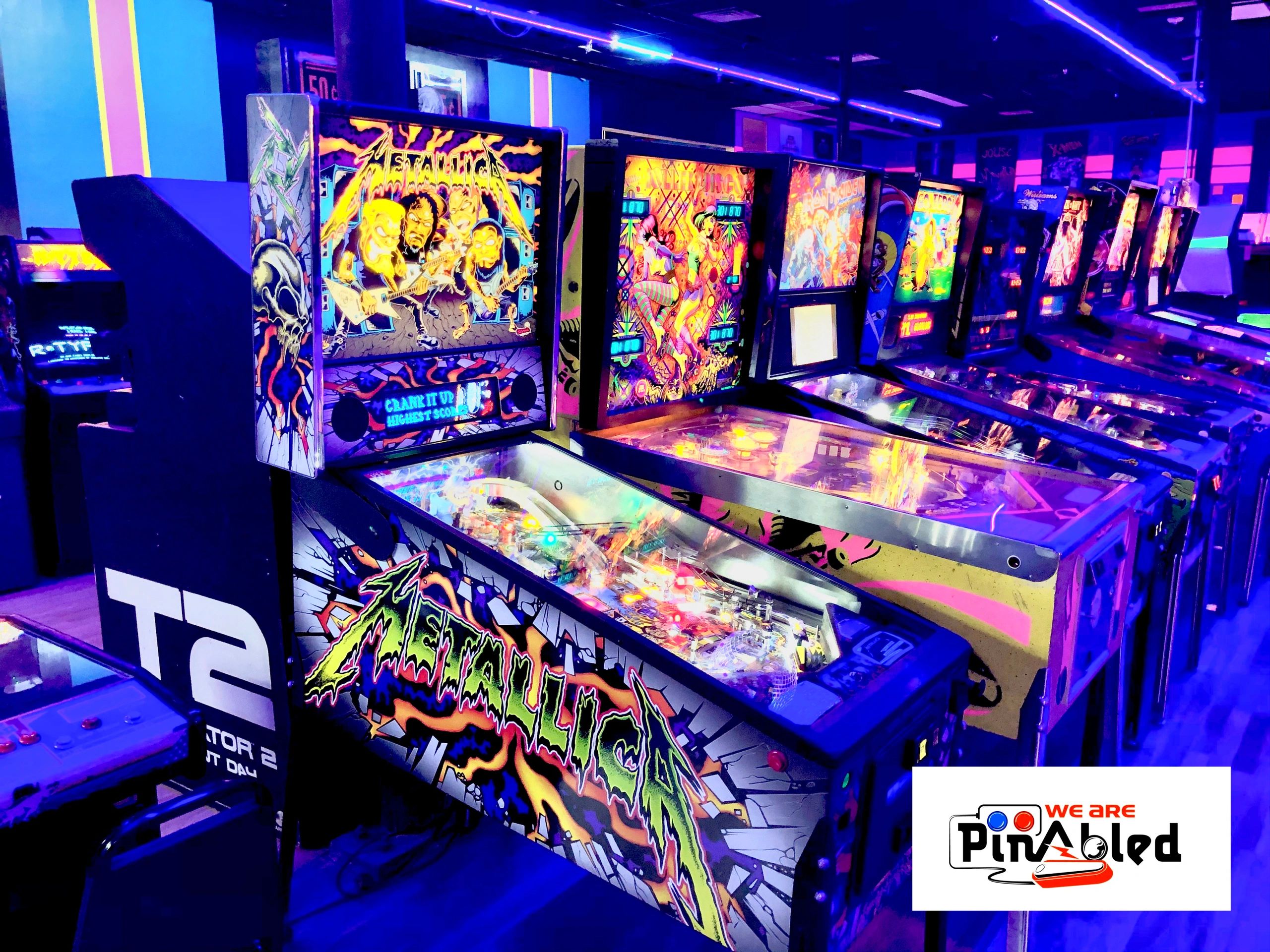 80's arcade with Metallica Pinball, Roller Disco Pinball, Iron Maiden Pinball, R-Type, T2 arcade