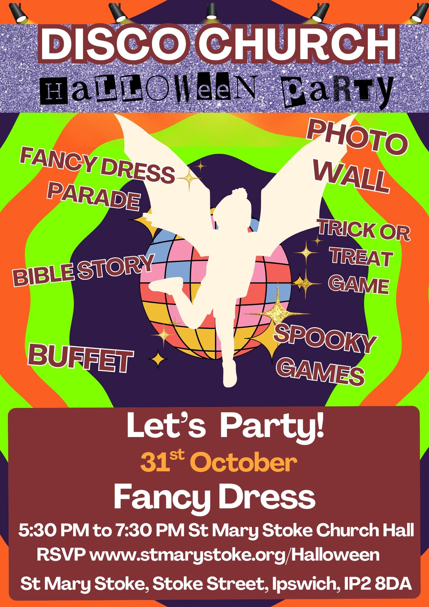 Disco Church Halloween party flyer with fancy dress and games.